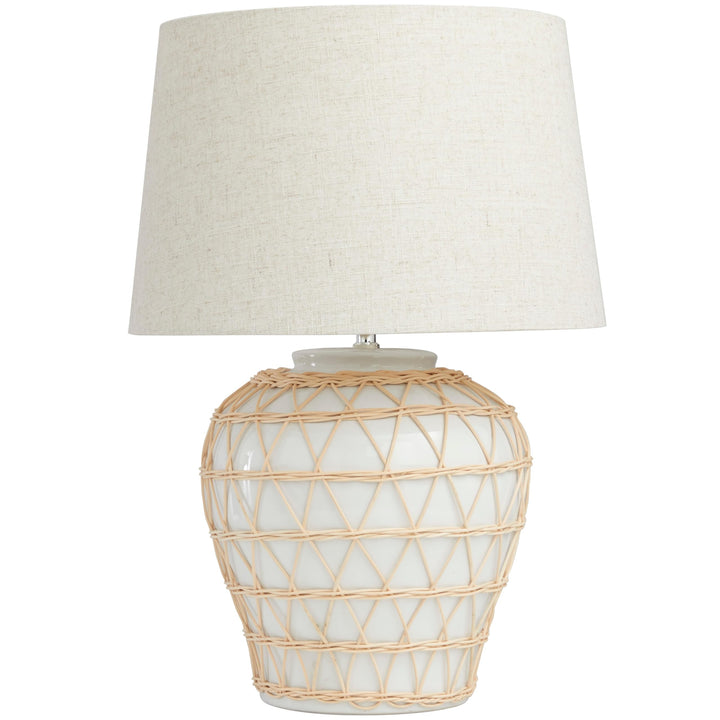 White Ceramic Woven Rattan Geometric Table Lamp with Linen Shade