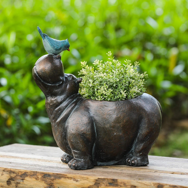 Hippo Flower Pot Brown Resin