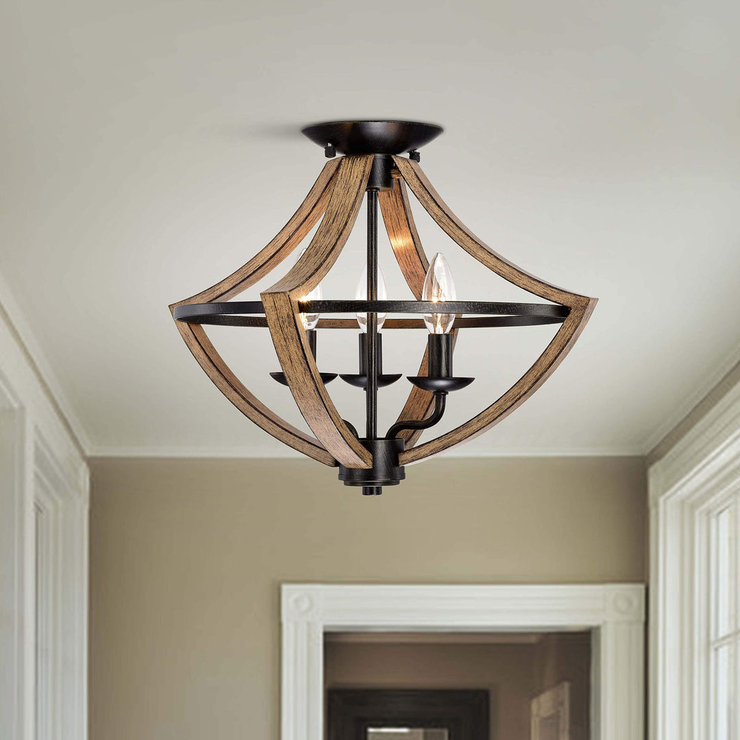 Wood Grain and Antique Black Metal Semi Flush Mount Industrial Iron