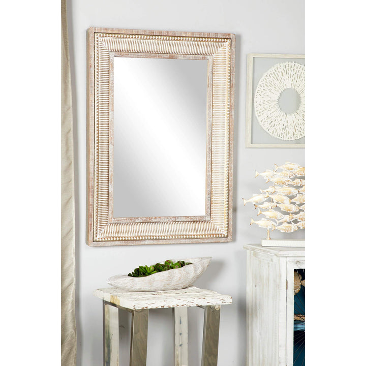 Farmhouse Style Large Rectangular Whitewashed Wood and Gold Metal Wall Mirror