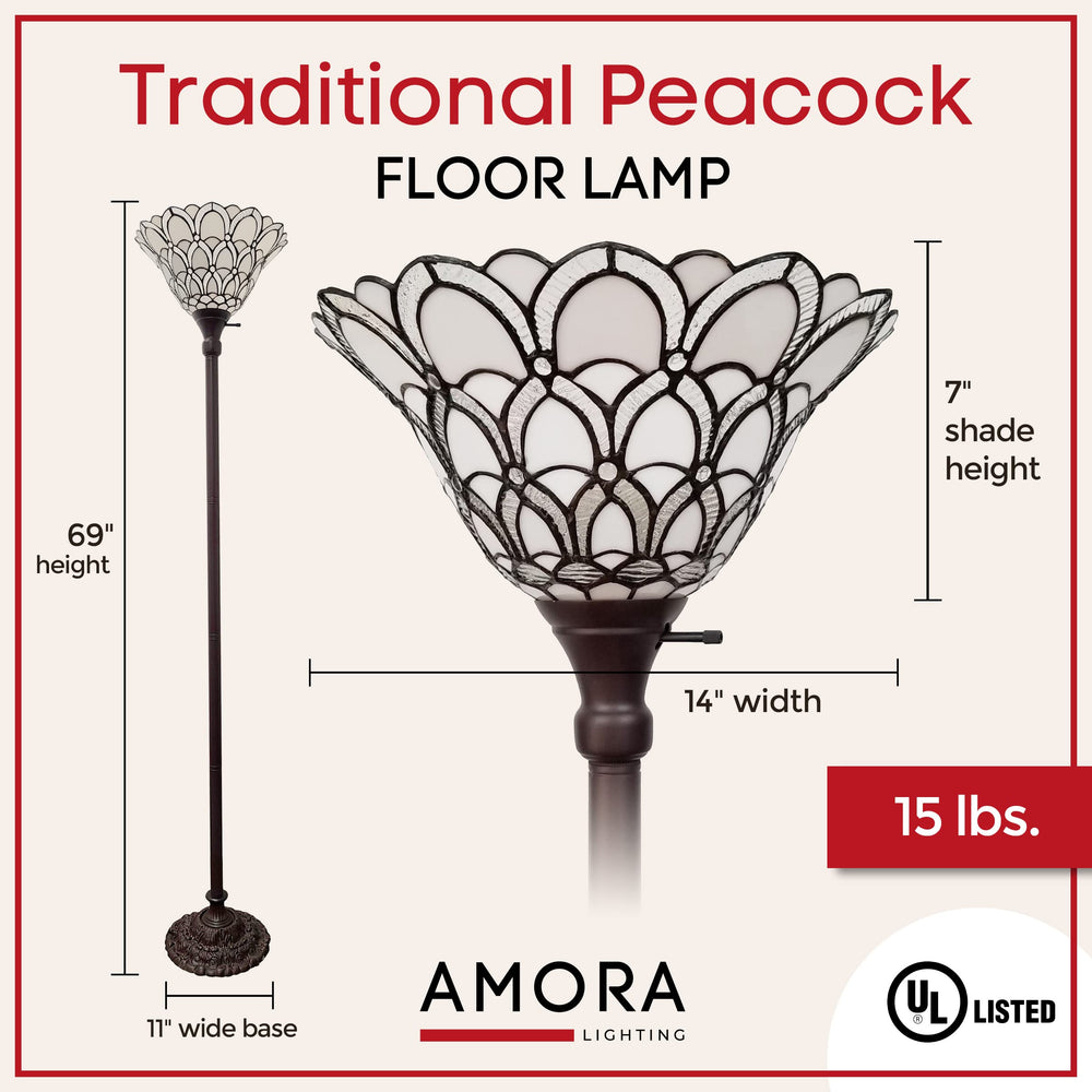 Amora Tiffany Floor Lamp Torchiere - Traditional Style Peacock Design 69” - Diamond Home USA