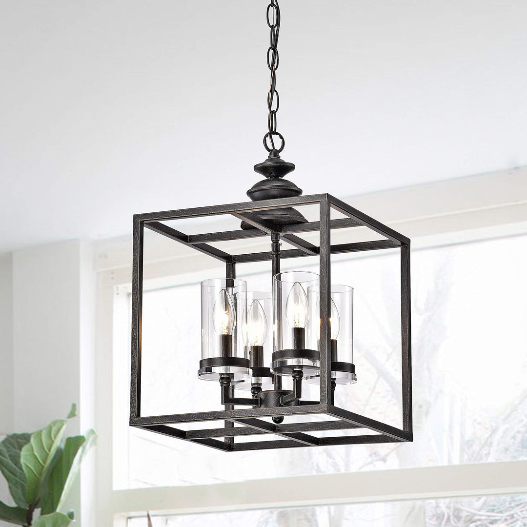 Black 4-Light Lantern Pendant Cage Fixture Geometric Lighting Hanging Square