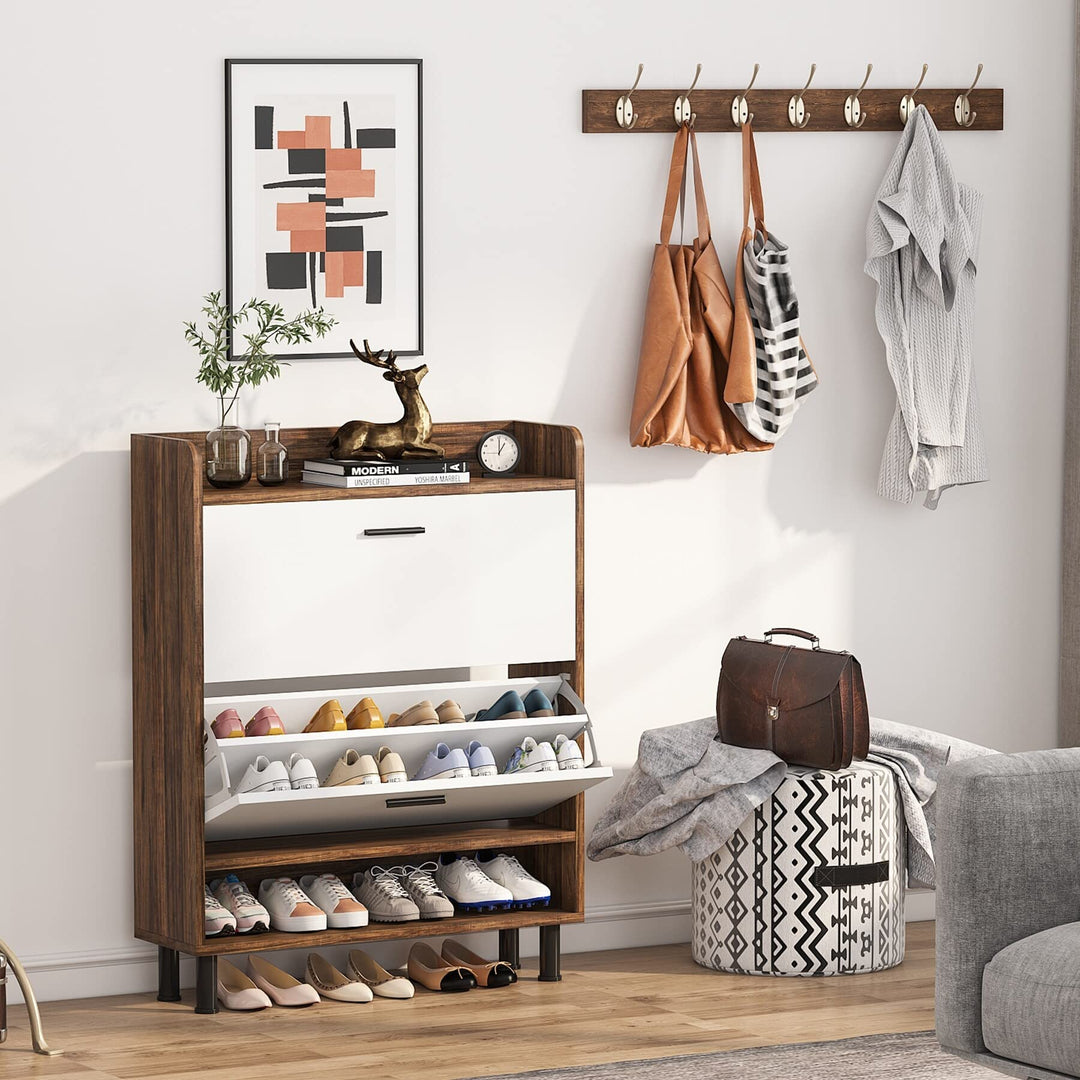 Shoe Storage Freestanding Cabinet with Drawers and Open Shelves for Entryway Brown