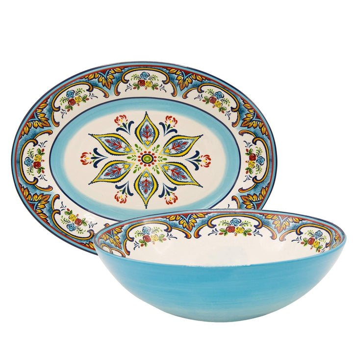 Euro 2-Piece Serving Set Platter and Bowl Multi Color Floral Ceramic 2 Piece