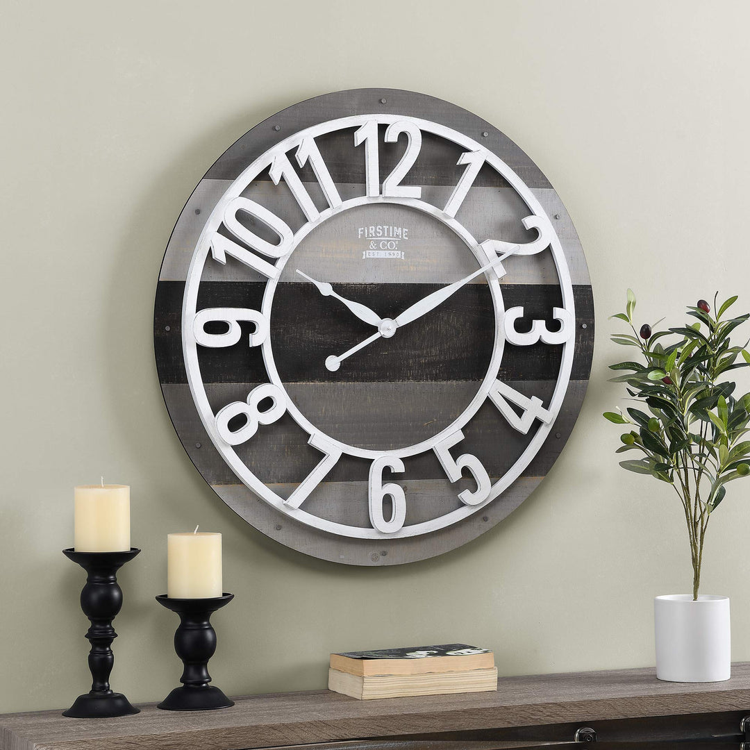 FirsTime & Co. Gray Shabby Planks Wall Clock Large Vintage Decor for Living Room