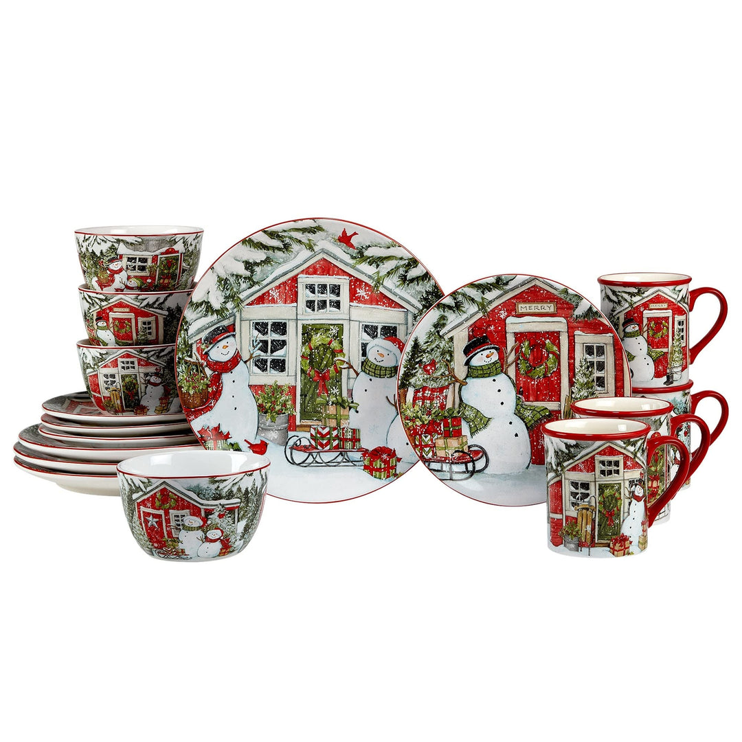 Snowman's Farmhouse 16 Pc. Dinnerware Set Service For 4 Multi Color Red White