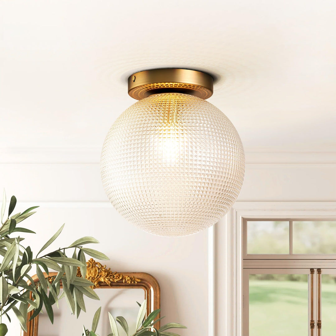 1-light 9.8 in. Antique Brass obe Bubble Flush Mount with Pattern Prismatic