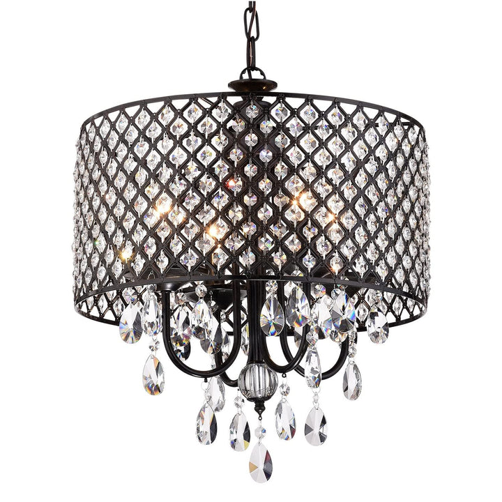 Black 4-Light Round Beaded Drum Chandelier with Crystals Hanging Glam Modern