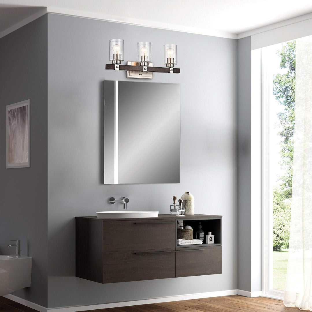 Brushed Nickel and Wood 3-Light Vanity with Glass Sconces Farmhouse Metal