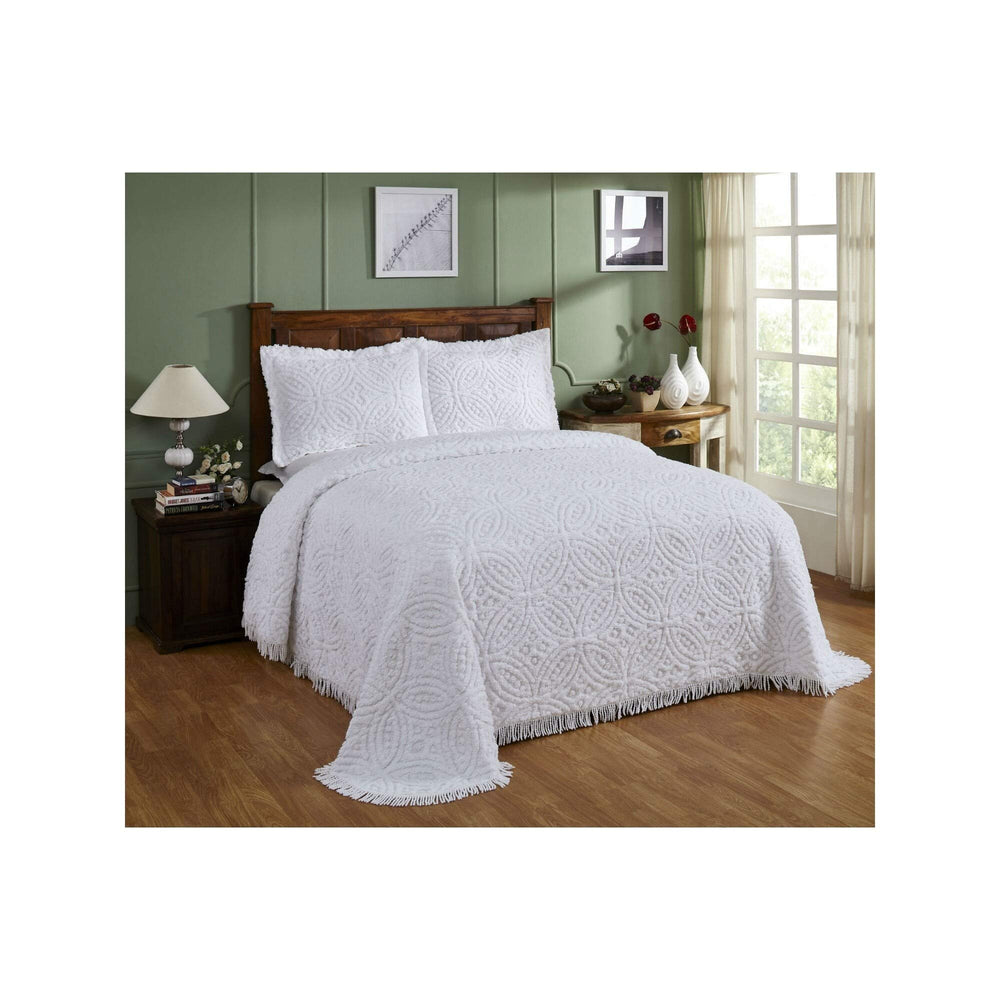 1 Piece White Chenille Bedspread Queen Tufted Medallion Wedding Ring Bedding White - Queen