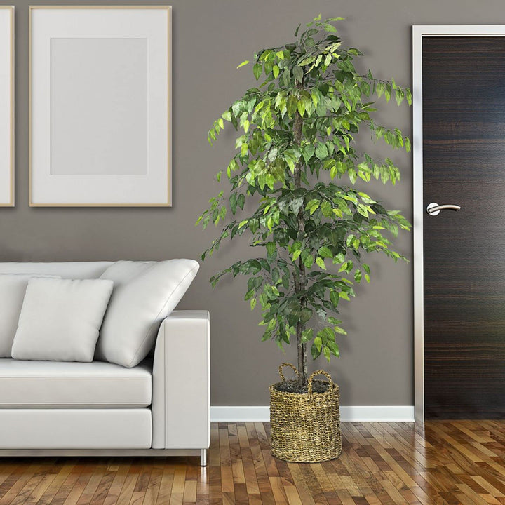 72" Green and Brown Ficus Artificial Tree in Basket