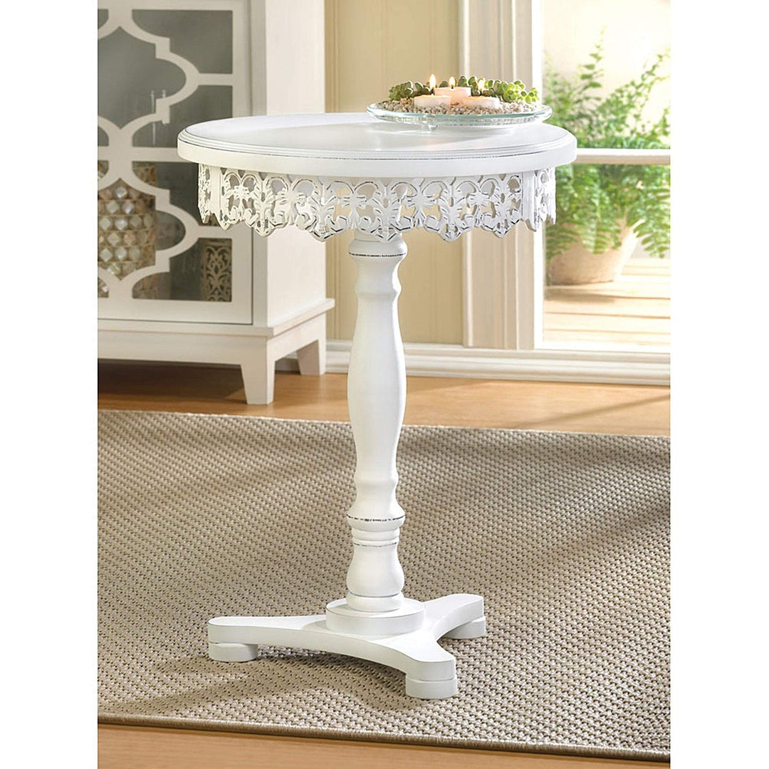 BSD National Supplies Lacy Antique White Finish Wooden Round Side Table