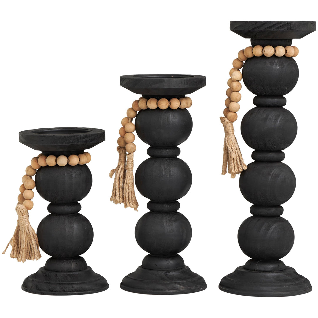 Black Wood Handmade Bubble Inspired Matte Candle Holder with Beaded Garland