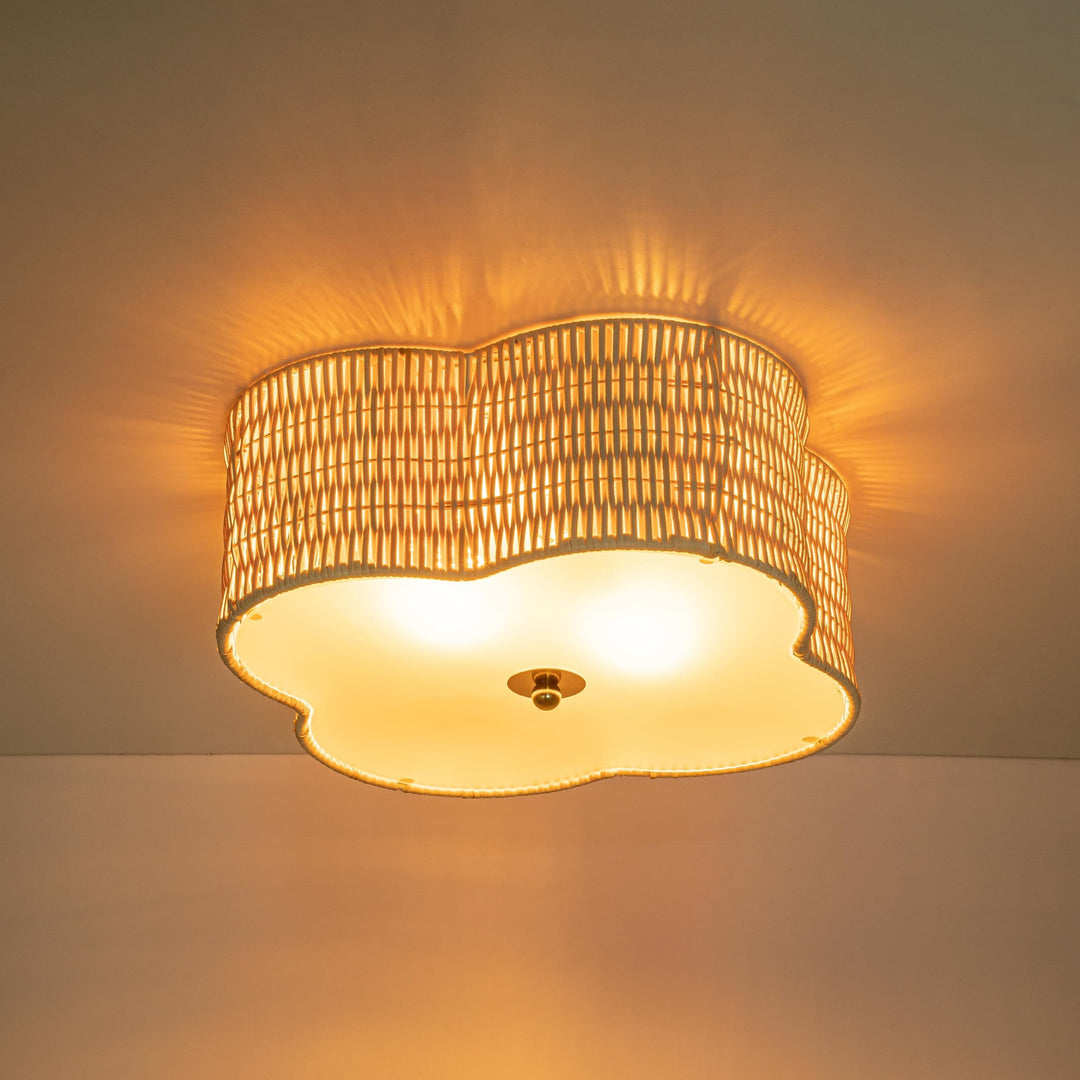 2-light Rattan Ceiling Flush Mount with Glass Bottom Yellow Nautical Coastal