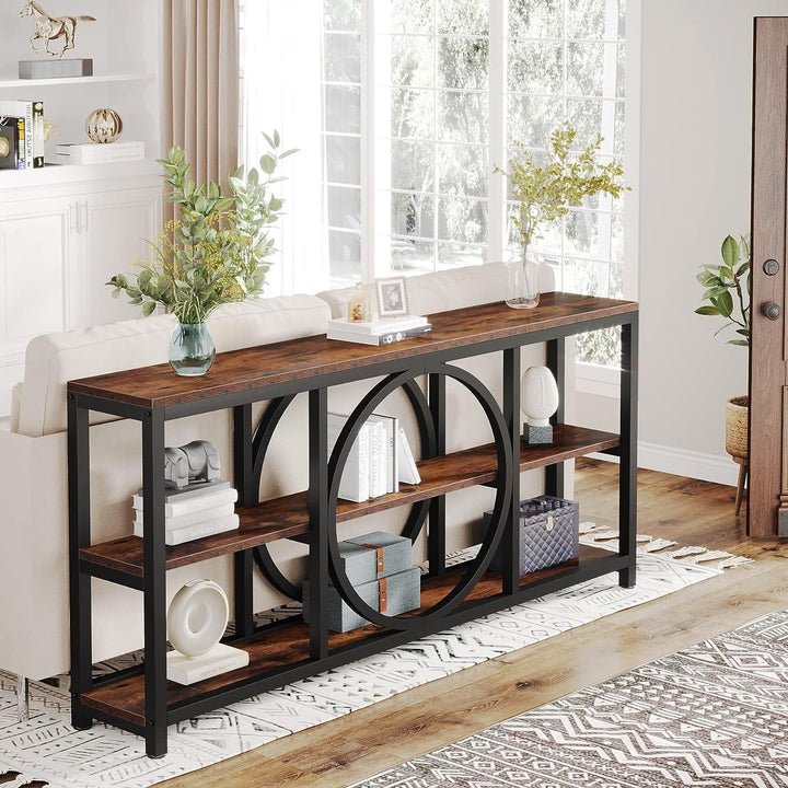 70.9 Inch Extra Long Console Table with 3 Tier Wood Storage Shelves Black Rustic Brown - Diamond Home USA