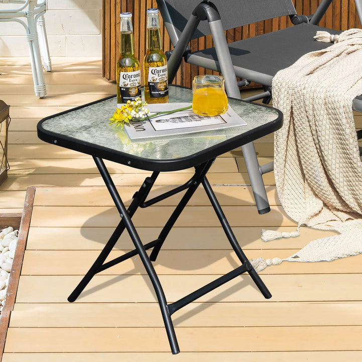 Patio Folding Square Glass Side Table Bistro Coffee Plant Stand Black Steel