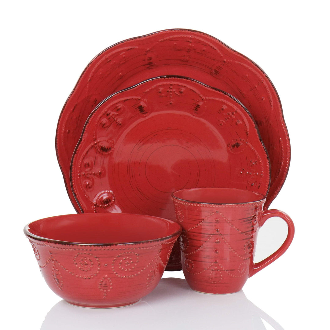 Rustic Birch 16 Piece Stoneware Dinnerware Set in Red Solid Casual Round