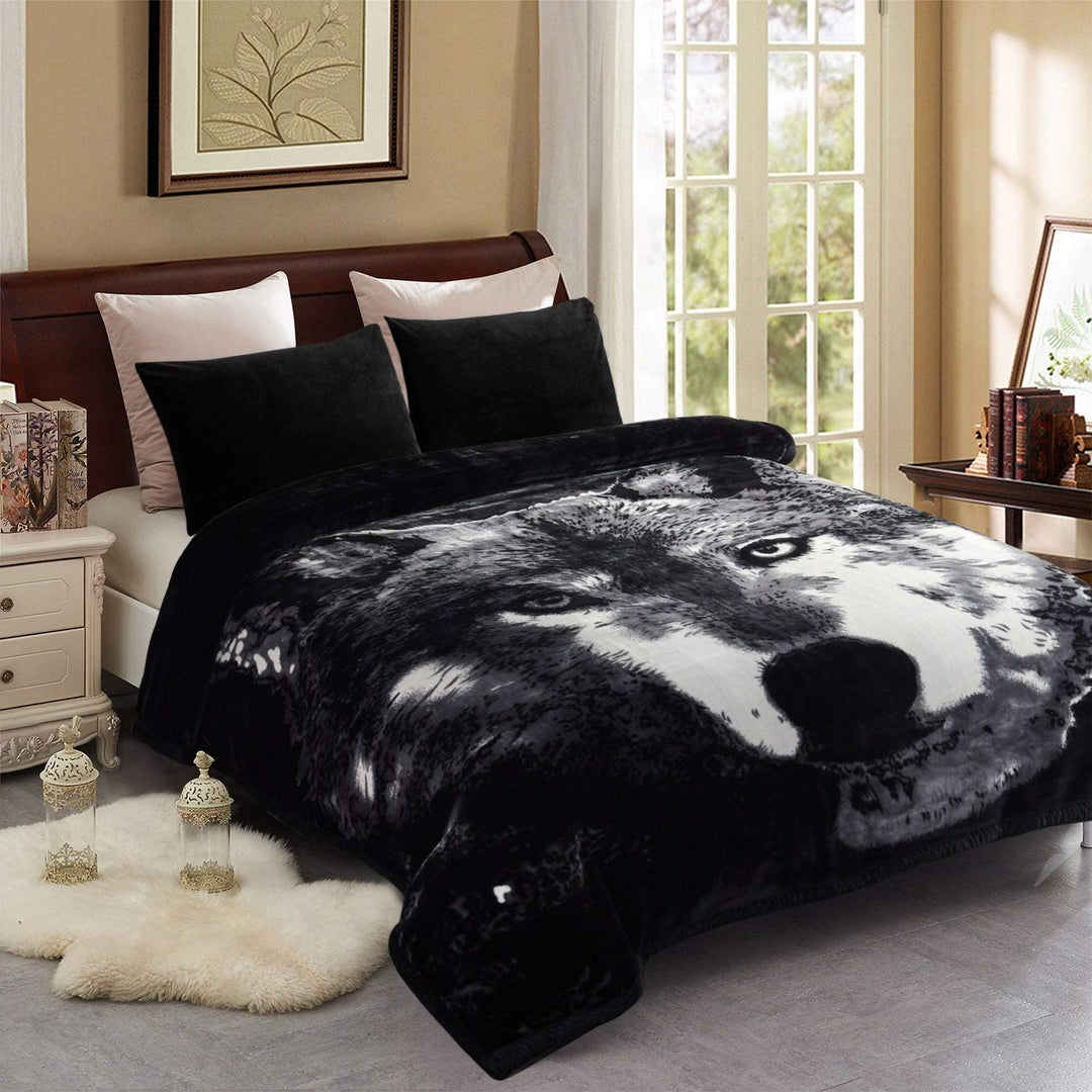 Wolf Printed Winter Heavy Blanket 10lbs Plush Korean Style King Size Black