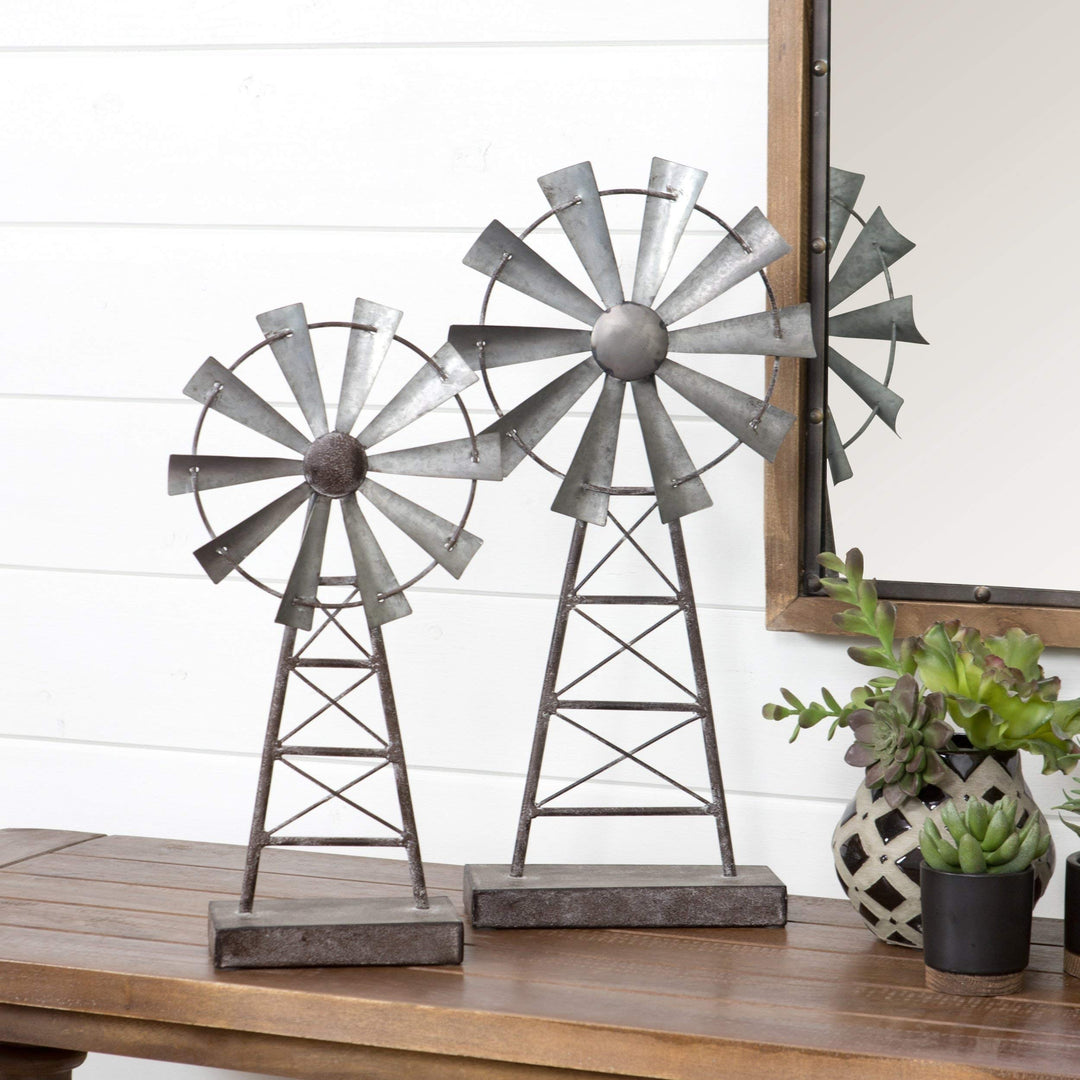 2 Piece Brown Grey Rustic Windmill Themed Table Decor Set Silver Gray