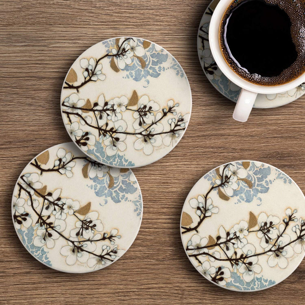 Absorbent Stone Coasters Dogwood Branch Set of 4 Sandstone - Diamond Home USA