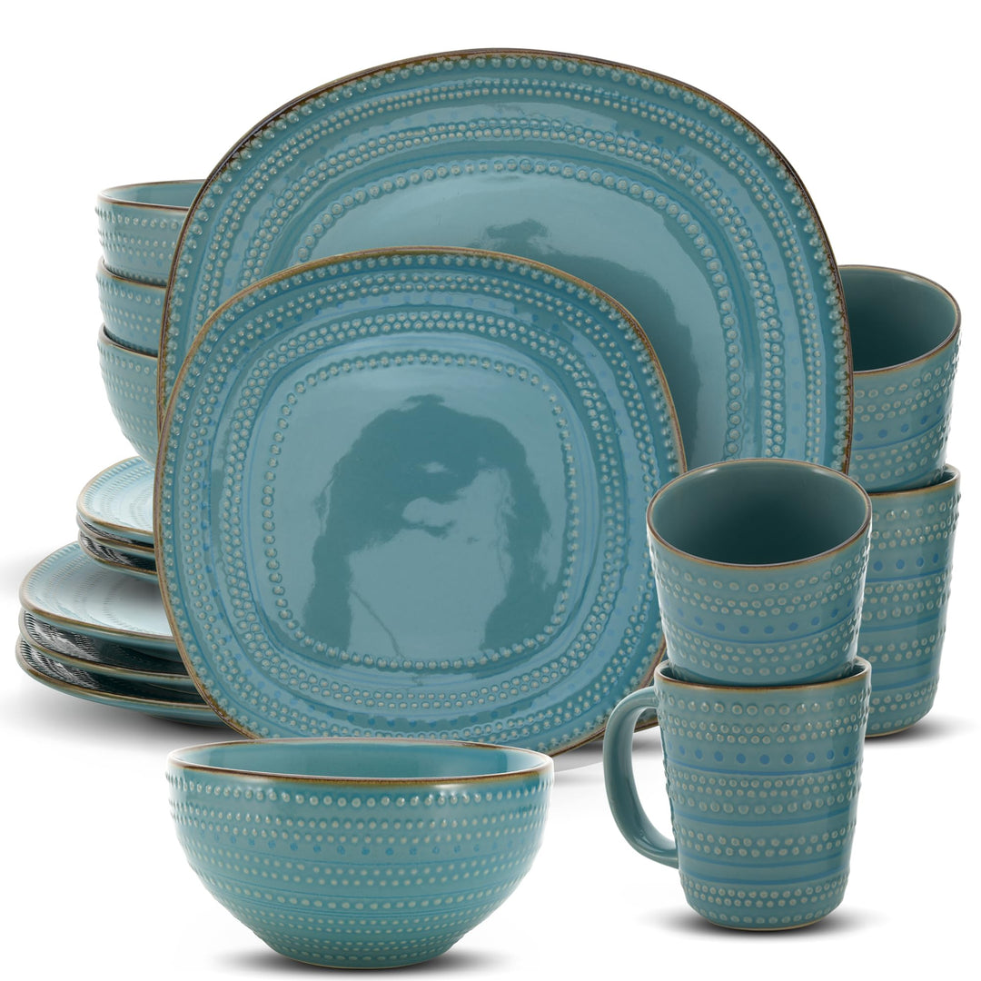 American Atelier 16-Piece Teal Stoneware Dinnerware Set - Includes Dinner Plates