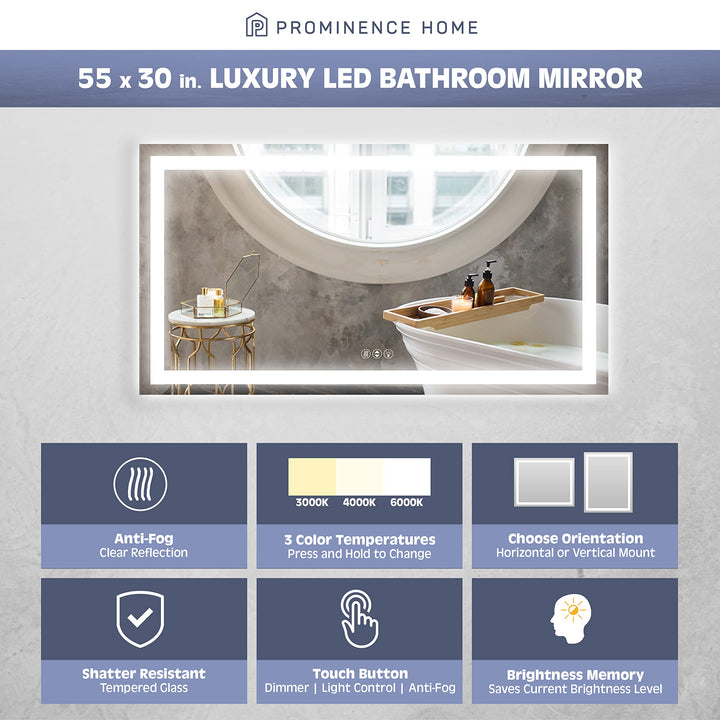 Prominence Home Luxury LED Bathroom/Wall Mirror with Front and Back Light 55x30 inches