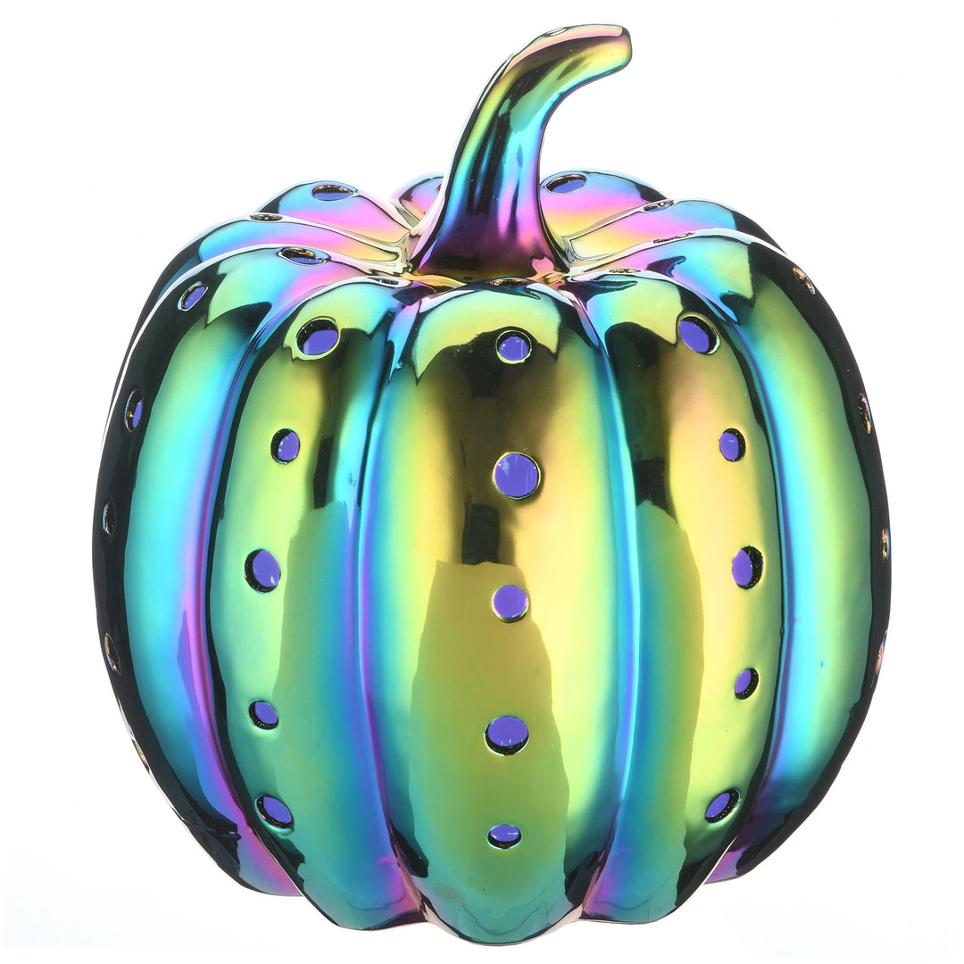 12" Led Lit Iridescent Pumpkin Black