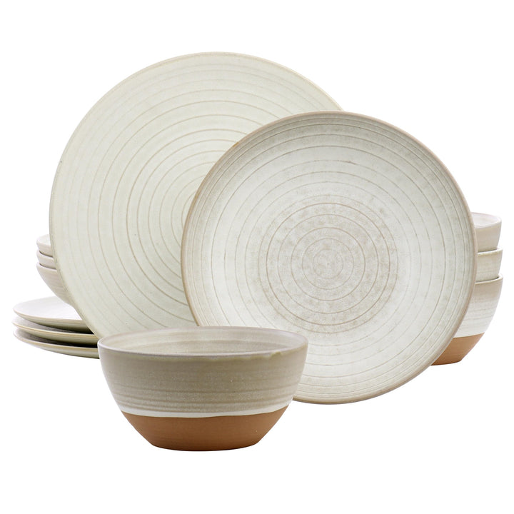 12 Piece Round Dinnerware Set In Matte White Textured Casual Dishwasher Safe