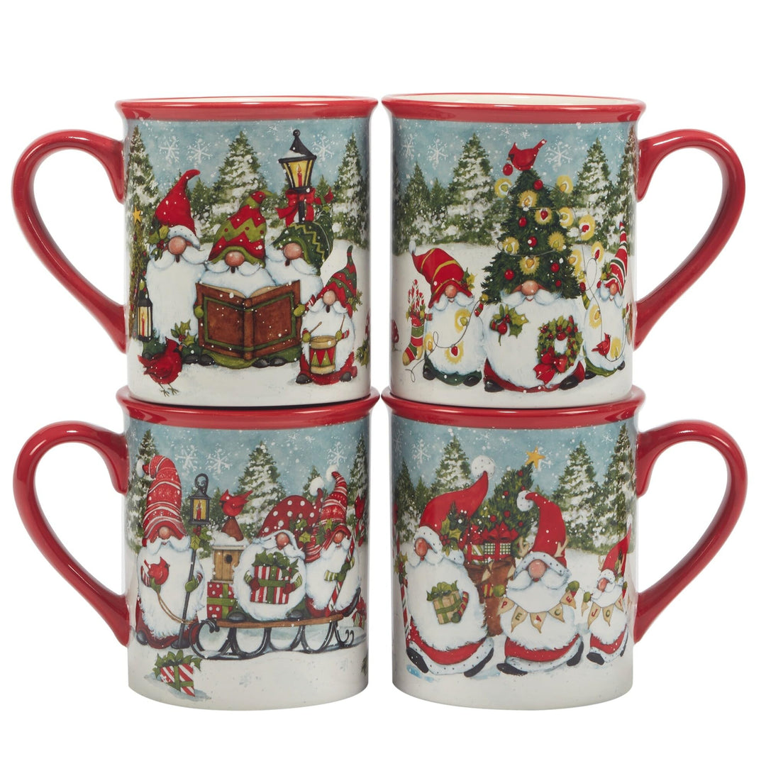 Christmas Gnomes 16 Piece Dinnerware Set Service for 4 Blue Multi Color Red