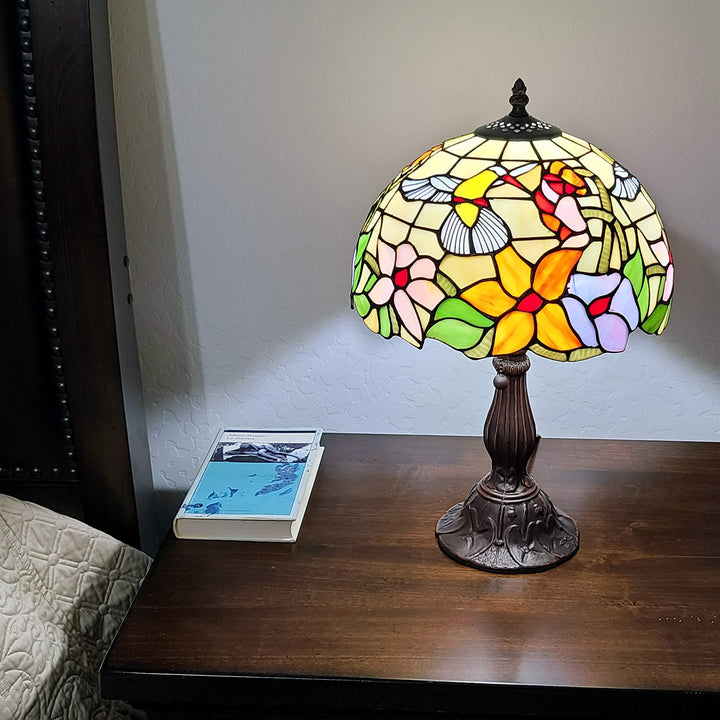 Tiffany Style Table Lamp Banker 19" Tall Stained Glass Yellow Red Tan Floral