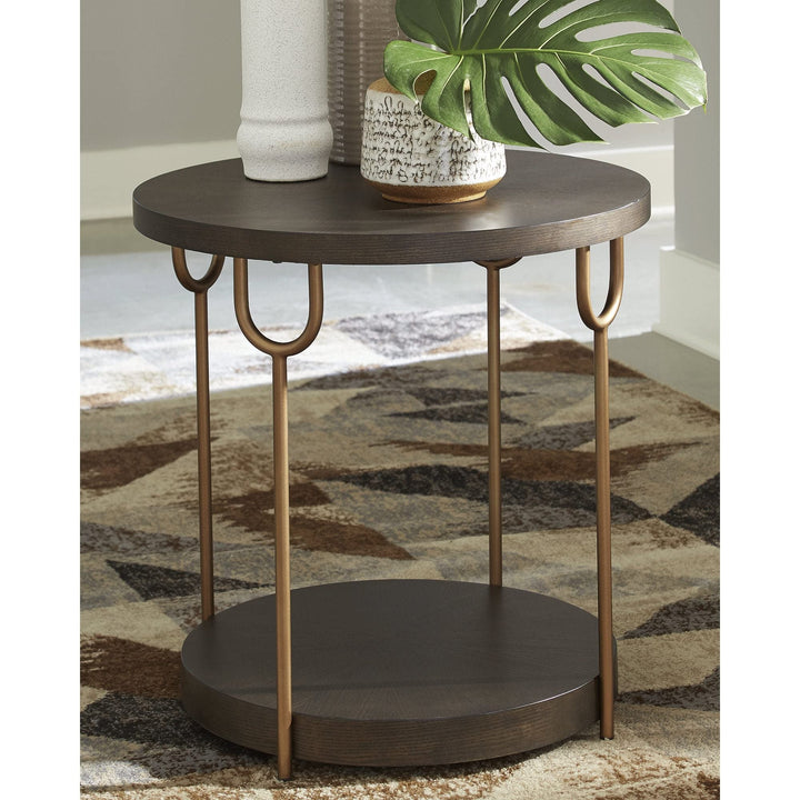 Dark Brown/Gold Finish Round End Table 24" w X 24" d 24" h Brown Modern