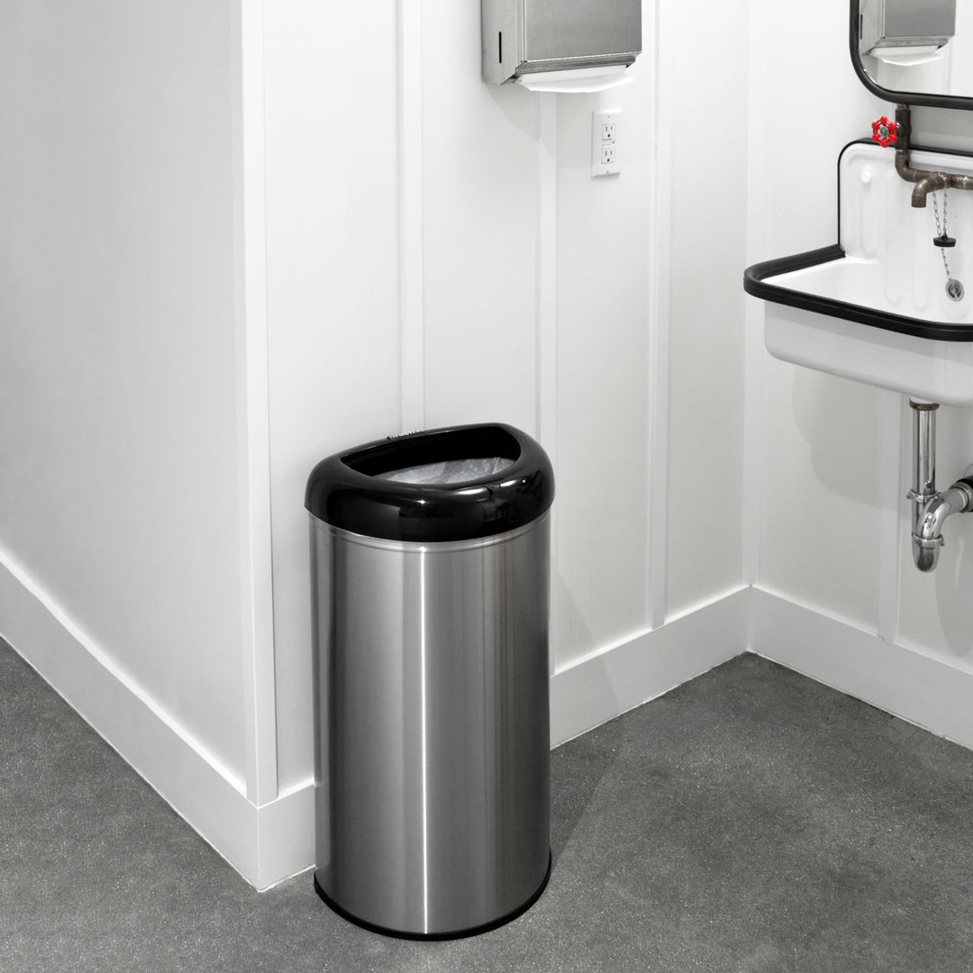 Open Top inless Steel Trash Can with Black Trim Black Semi-Circle Plastic