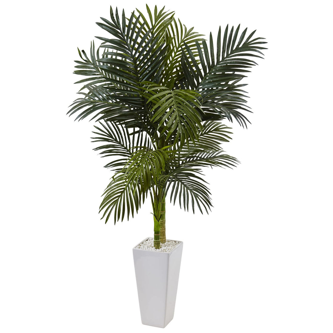 5-Foot Golden Palm Tree Silk Plant in White Tower Planter