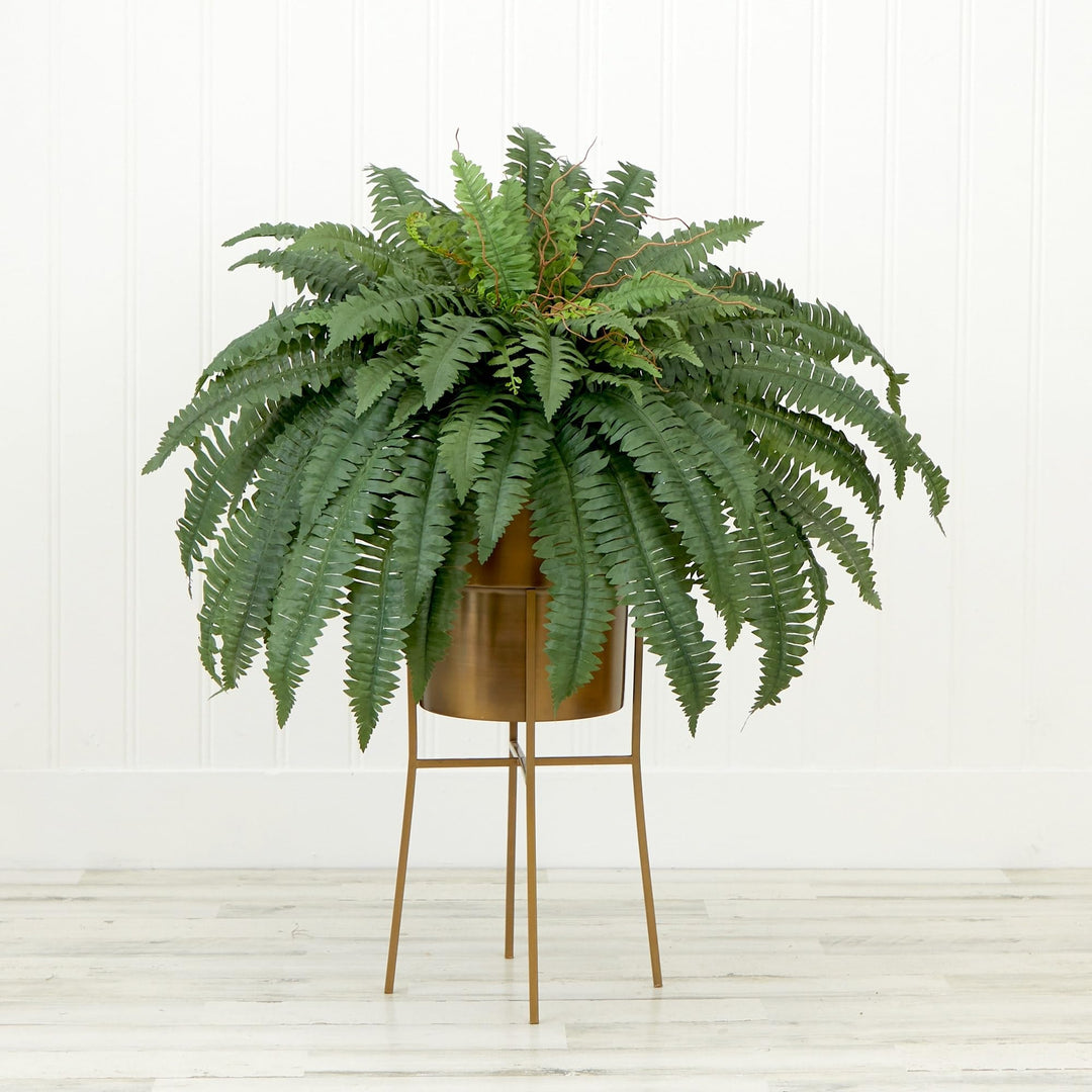 32" Artificial Boston Fern Plant with Metal Planter Stand DIY Kit Green - Diamond Home USA