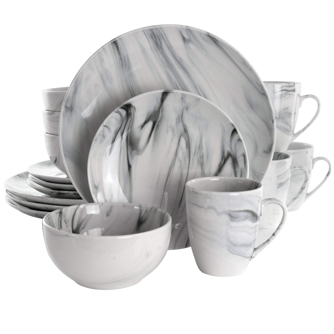 Fine Marble 16 Piece Stoneware Dinnerware Set in Black and White Solid Casual