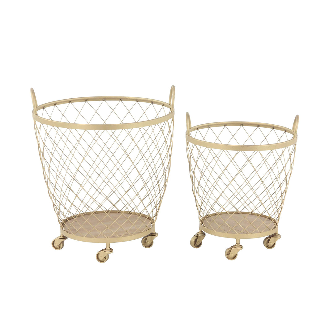 Set of 2 Modern Diamond-Weave Round Iron Baskets with Wheels Gold