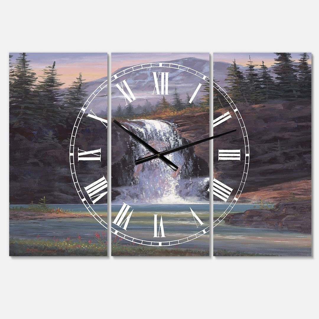 Waterfall Mountain Afternoon' Large Traditional Wall Clock 3 Panels 36 in.