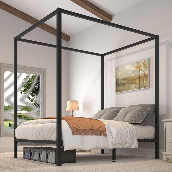 83" Metal Canopy Platform Bed Frame Black Modern Contemporary Wood Finish