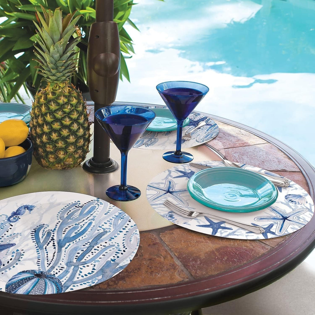 Wipe-Clean Reversible Round Shaped Placemats Indigo Coastal Set of 4 Made in The