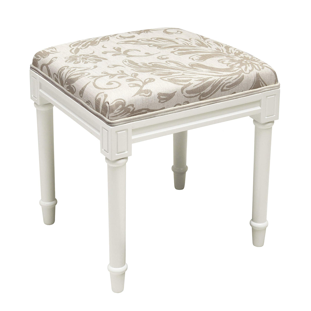 Taupe Tuscan Floral Vanity Stool with White Frame Transitional Pattern Linen