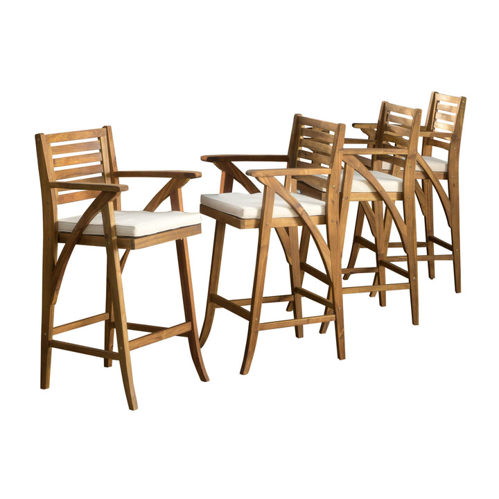 Christopher Knight Home Hermosa Acacia Wood Outdoor Barstools 4-Pcs Set Teak Brown+Cream