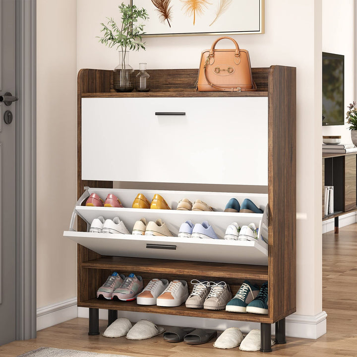 Shoe Storage Freestanding Cabinet with Drawers and Open Shelves for Entryway Brown