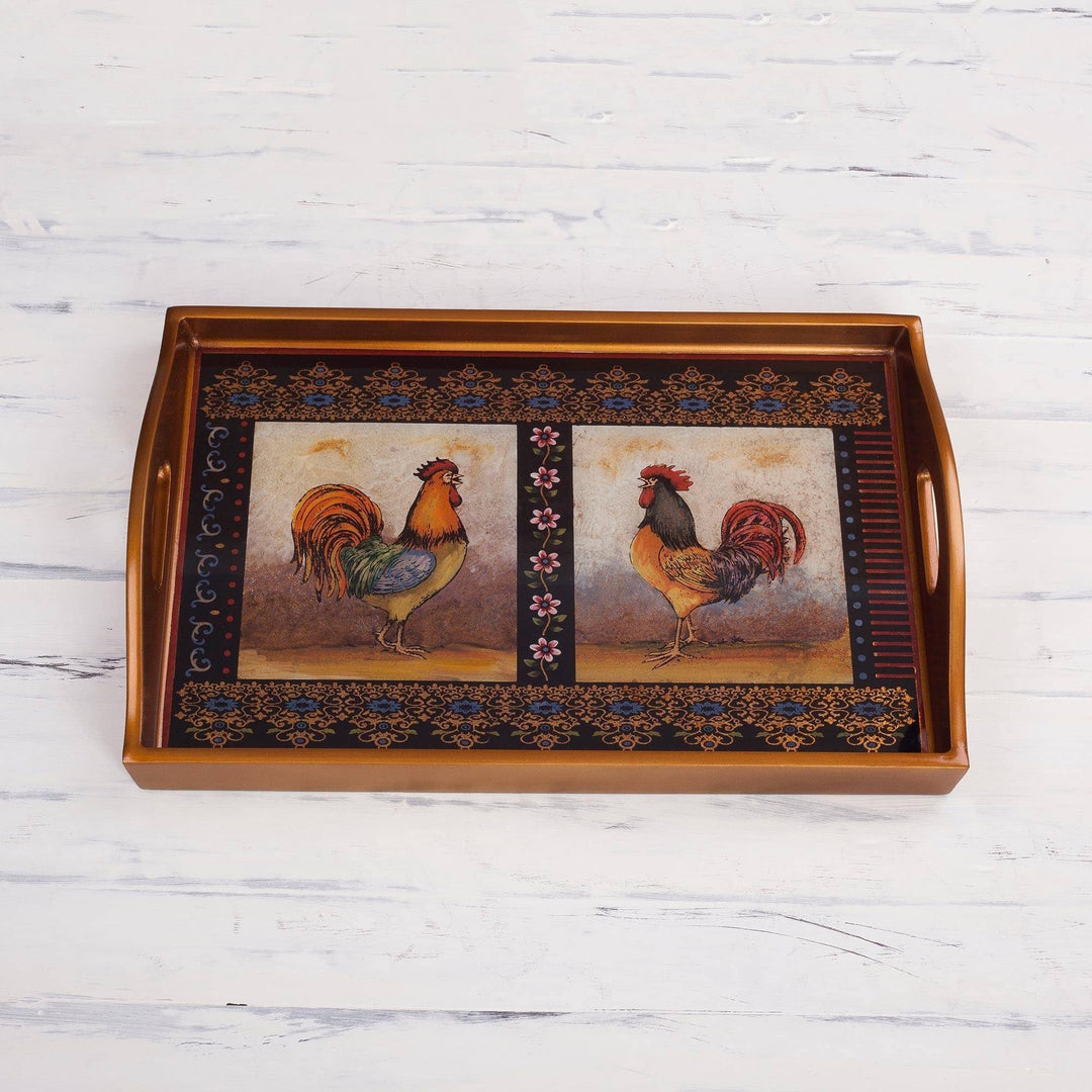 Handmade Crowing Roosters Reverse Painted Glass Tray (Peru) 2.4" H X 17.75" W