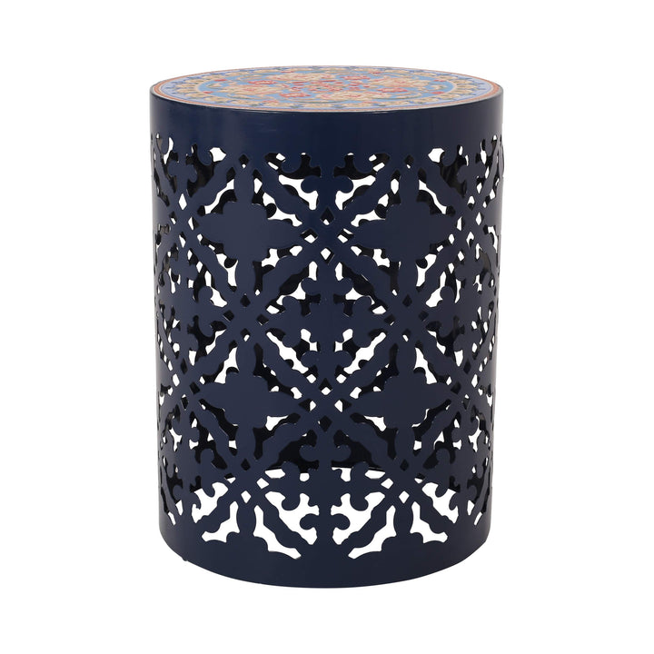 Christopher Knight Home Laurent Outdoor Lace Cut Side Table with Tile Top Dark Dark Blue + Multi-Color