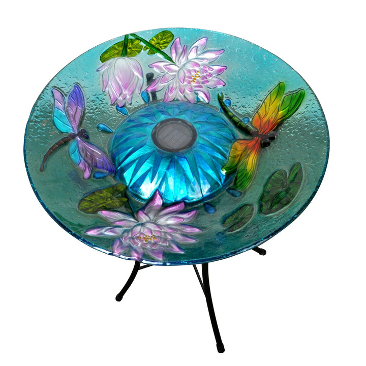 18" Handpainted Dragonfly Fusion Glass Solar Bird Bath Blue Multi Color Purple