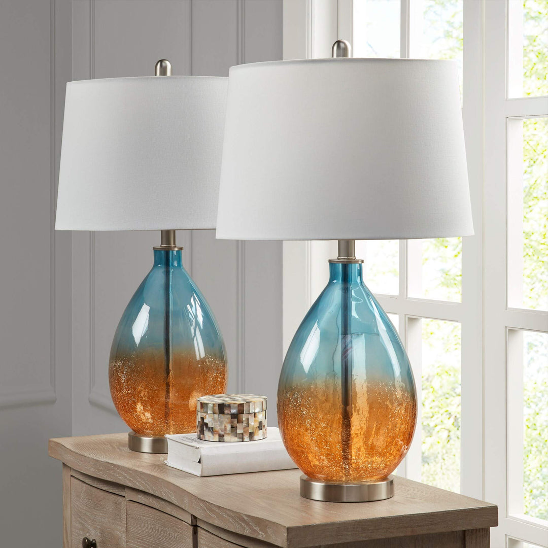 Blue Table Lamp (Set of 2) Orange Mid-Century Modern Contemporary Nickel