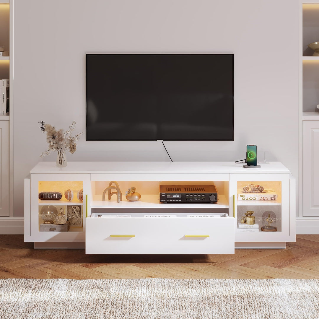 White Led Tv Stand Media nsole Table with Drawer Fits Tvs Up to 75" Modern