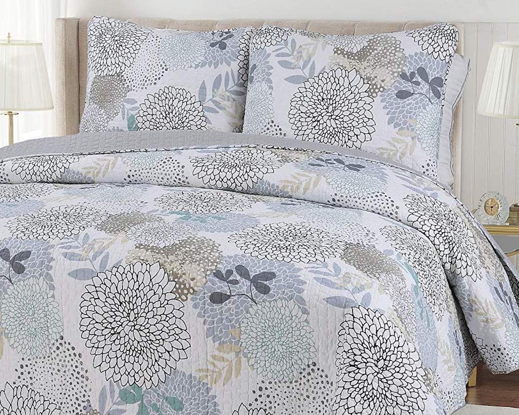 Finely Stitched Carolina Floral Quilt Set - Garden Blooms of Blue Gray Teal King