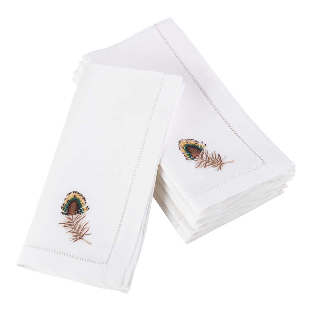 Embroidered Multicolor Feather Hemstitched Cotton Napkin (Set of 6) White