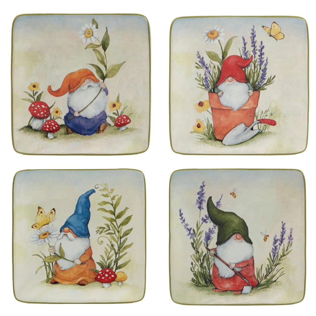 Garden Gnomes 6" Canape/luncheoppetiser Plates Set Of 4 Assorted Designs